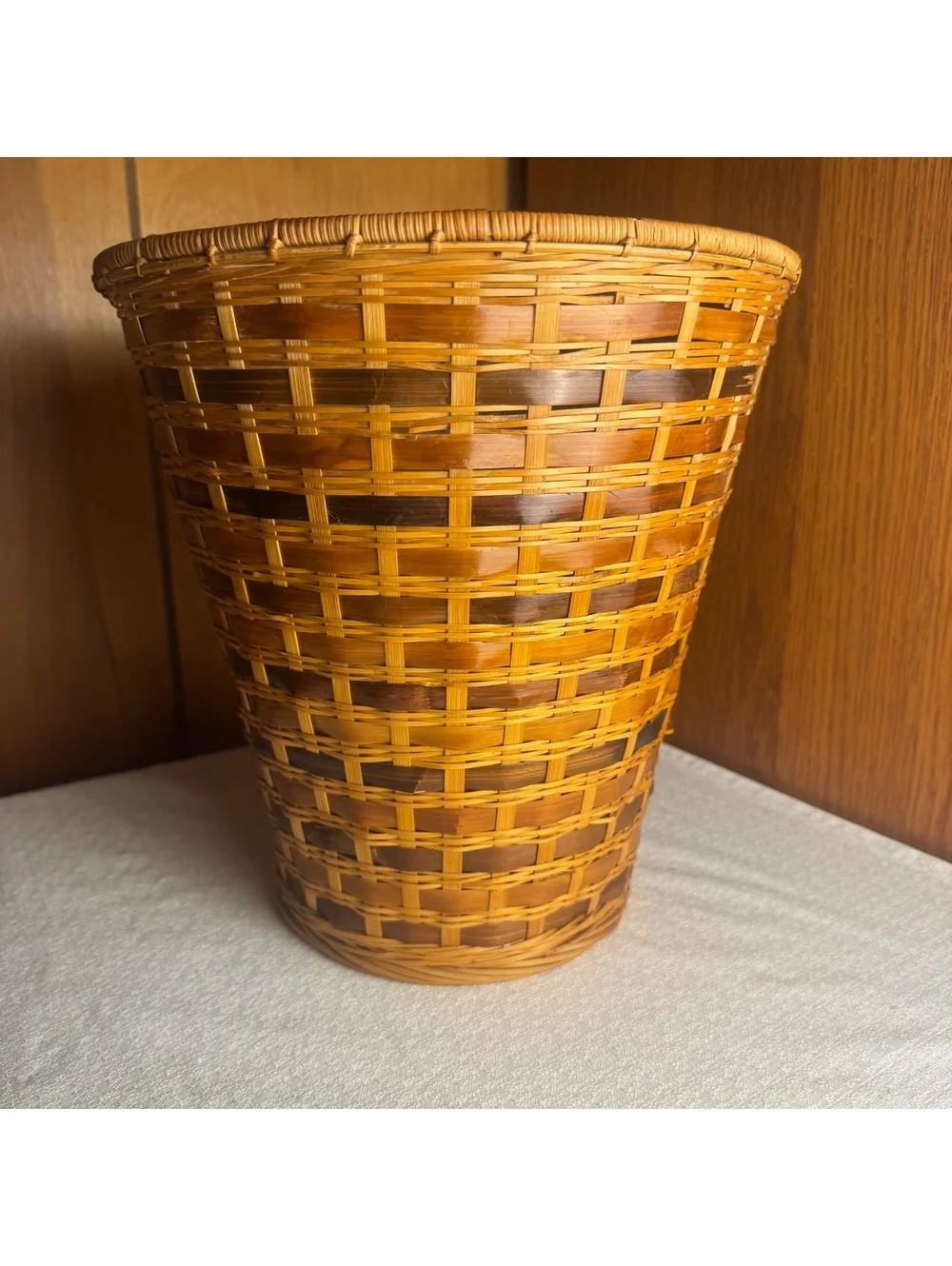 Vintage Japanese Handwoven Bamboo Basket Signed 11” Woven Storage Basket